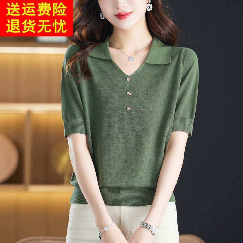 polo领冰丝短袖t恤女薄款中年妈妈夏装遮肚针织胖mm大尺码显瘦上