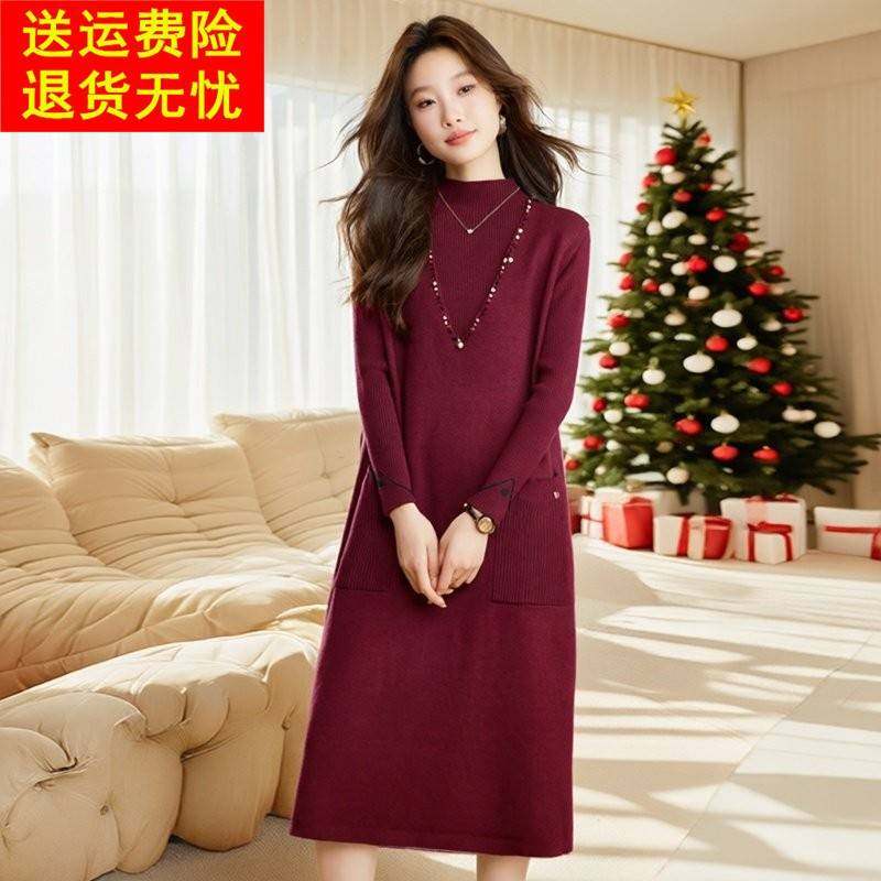 2025秋冬新款洋气针织套装连衣裙女半高领长袖中长款两件套毛衣裙