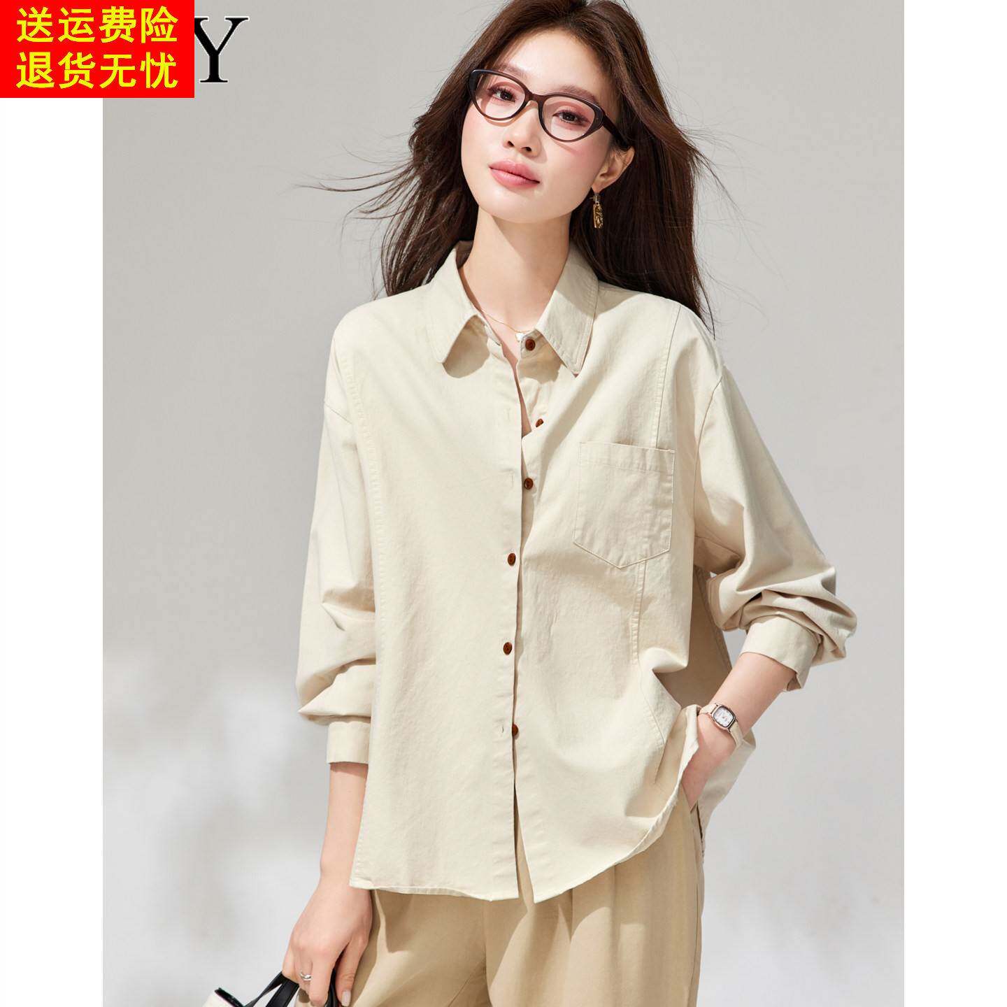 2026春装新款纯棉通勤小众职业衬衫休闲宽松遮肉口袋上衣外搭女装