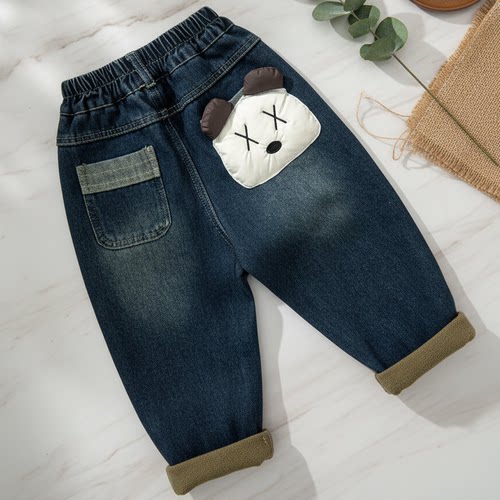 儿童加绒牛仔裤新款男童韩版冬装小童洋气冬季宝宝卡通加厚长裤子