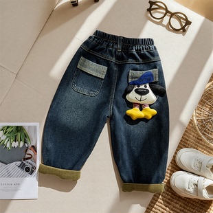 新款 卡通加厚休闲长裤 男童韩版 小童洋气冬季 子 冬装 儿童加绒牛仔裤
