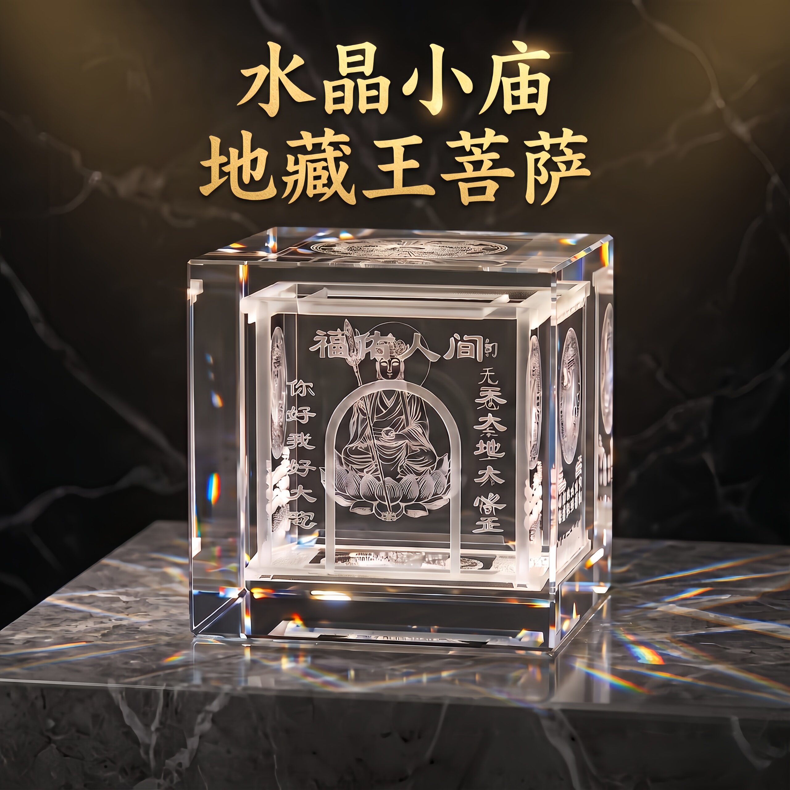 激光内雕地藏王菩萨水晶摆件客厅家居桌面佛像装饰水晶方体工艺品