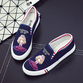 舒适透气帆布鞋 一脚蹬懒人鞋 休闲鞋 韩版 卡通涂鸦 女学生平底小白鞋