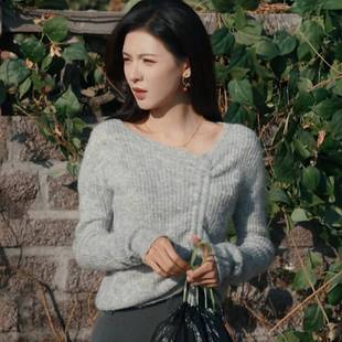 潮 原版 深情眼张予曦同款 毛衣女衣服v领针织衫 上衣抽绳设计打底衫