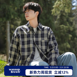春季 WASSUP 男2026新款 格子衬衫 休闲衬衣外套 BROWN复古纯棉长袖