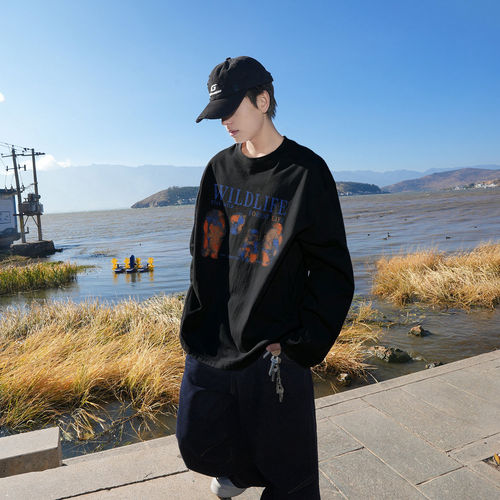 胖胖哥美式动物印花长袖T恤男秋季潮牌宽松休闲街头男士大码上衣