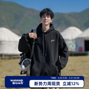 外套 春秋长袖 WASSUP BROWN加绒加厚重磅潮流连帽卫衣男2026新款