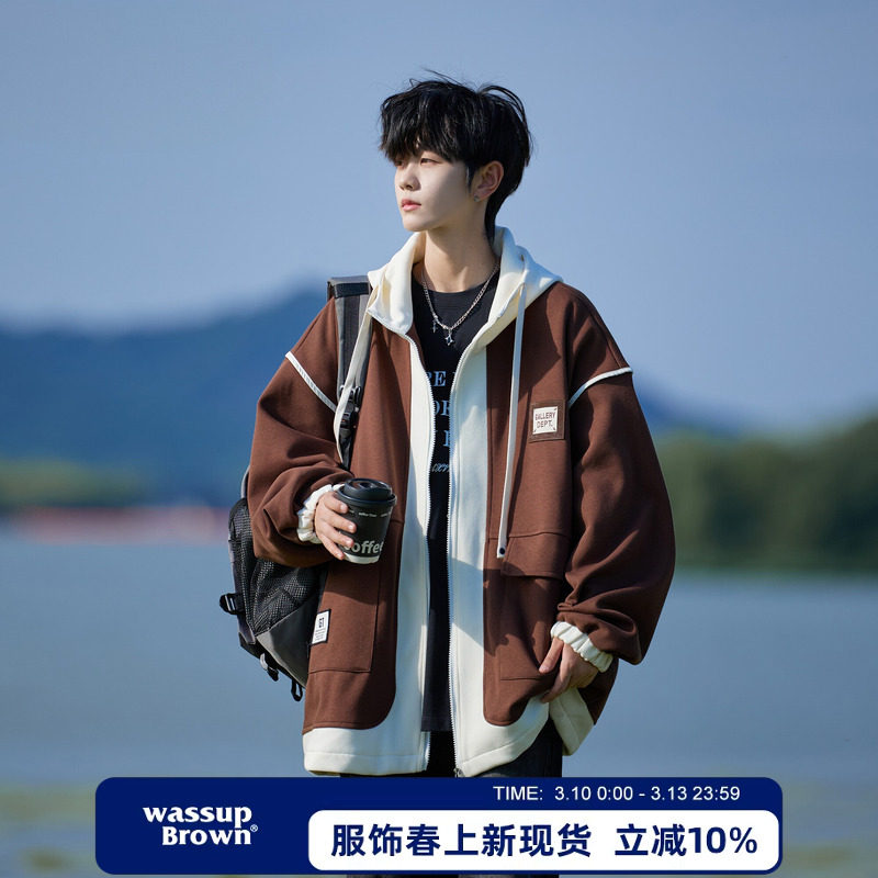 WASSUP BROWN假两件刺绣连帽外套男款2026春季新款潮牌休闲夹克