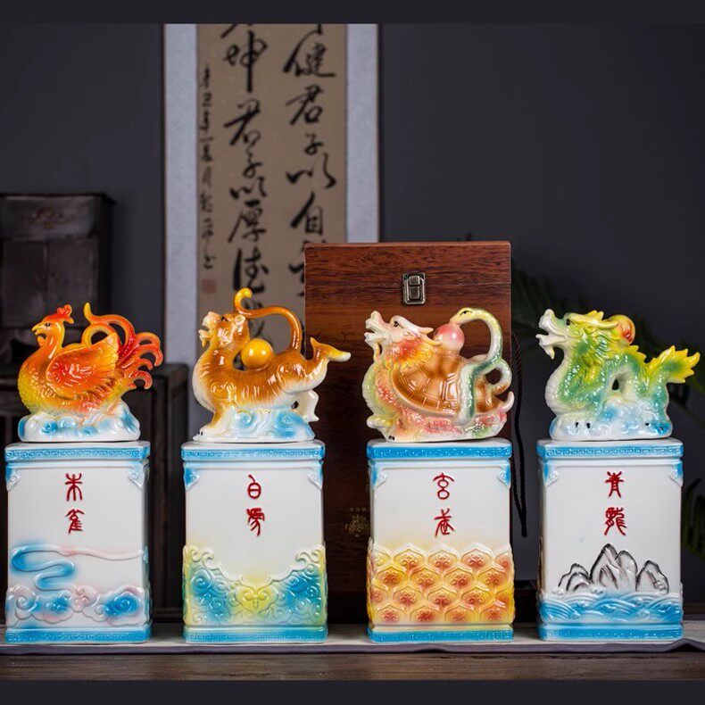 景德镇四大神兽仿青铜陶瓷酒瓶酒坛装饰摆件密封藏酒罐