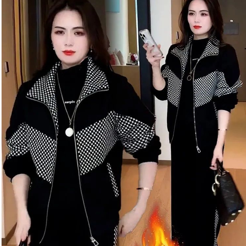 加绒加厚休闲套装女冬季新款时尚格子拼接立领外套阔腿裤两件套潮