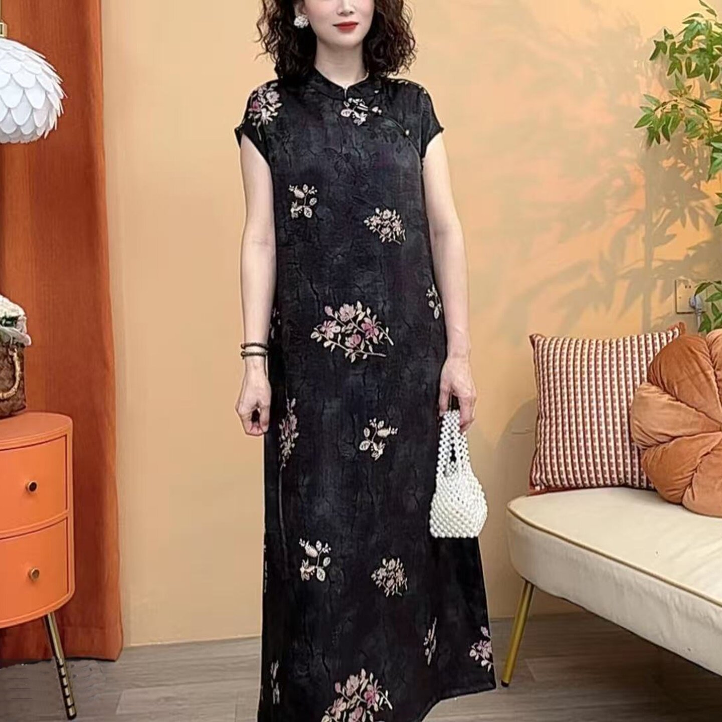 夏季新中式旗袍花卉显瘦连衣裙女