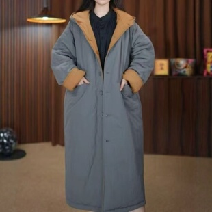 两面穿连帽棉服女长款宽松休闲过膝大码加棉加厚保暖棉衣大衣外套