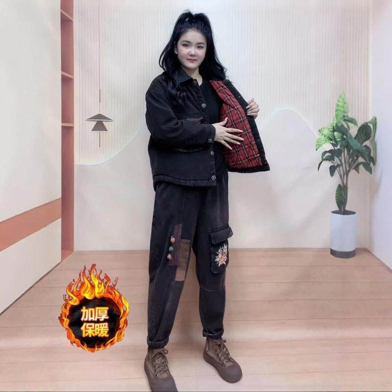 加棉加厚牛仔套装时尚贴布刺绣女冬季新洋气显瘦外套哈伦裤两件套