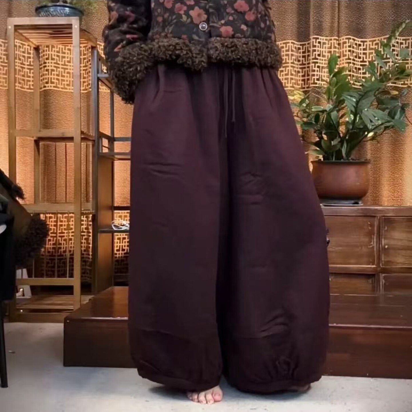秋冬老钱风高腰加厚显瘦阔腿棉裤