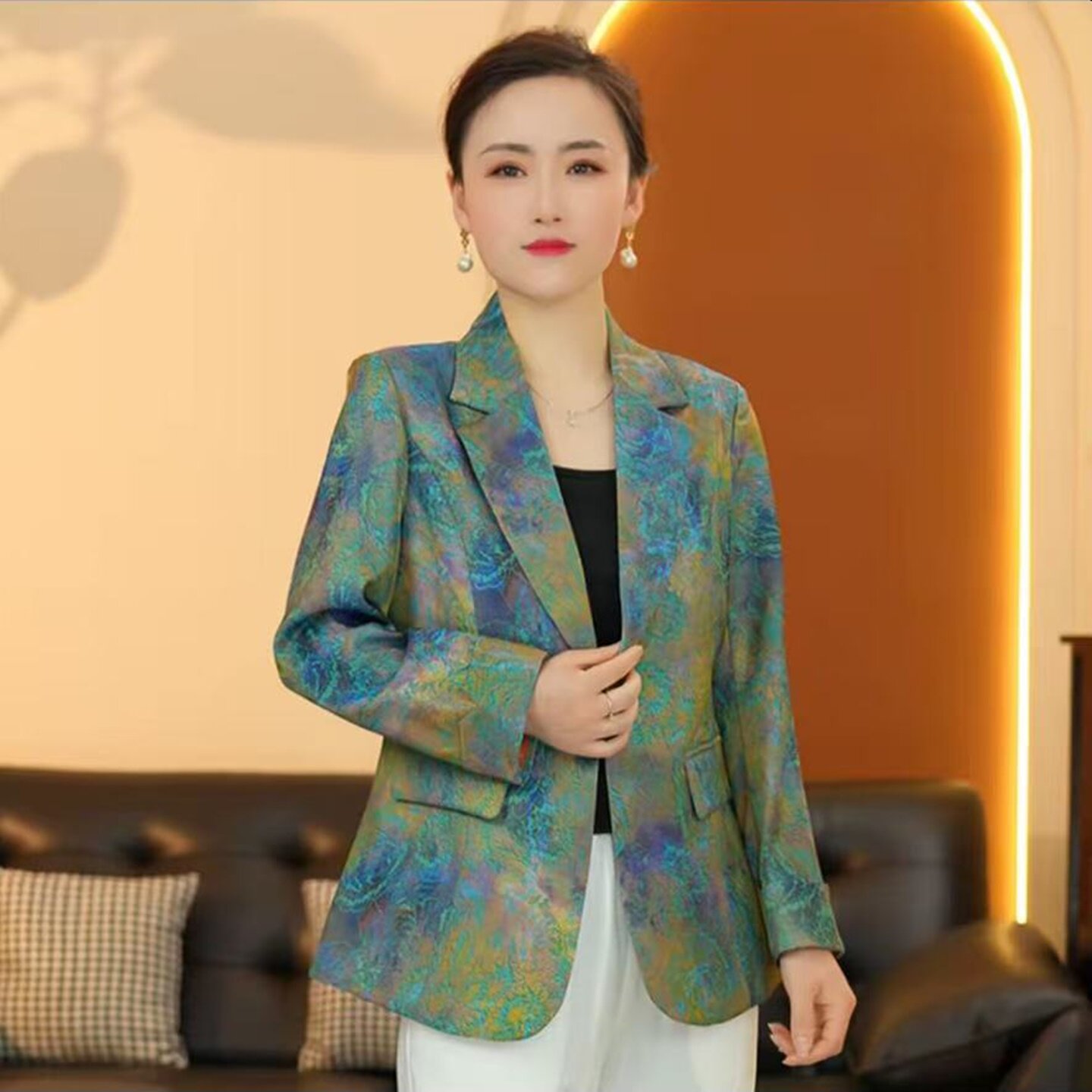 春秋季女装新品印花西装休闲百搭修身显瘦气质韩版小西服外套上衣