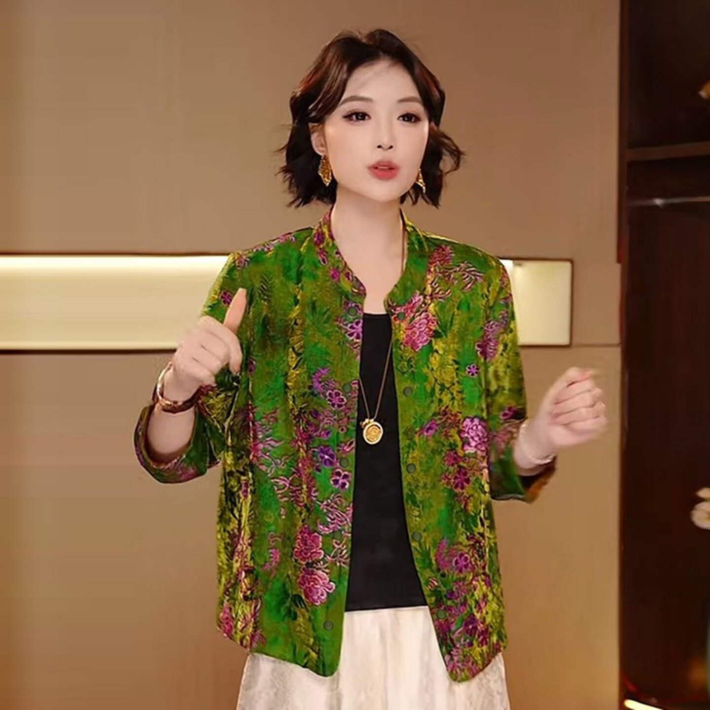 新中式印花立领开衫妈妈显瘦衬衫