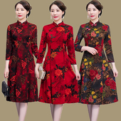 复古中国风中年妈妈气质过膝大摆连衣裙 长袖 新式 改良旗袍裙女秋装