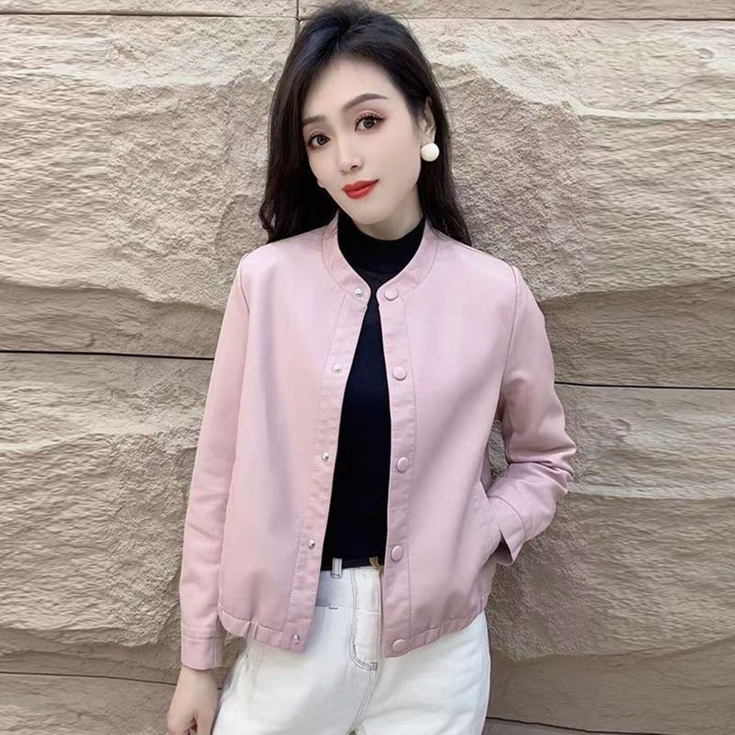秋季极简短款显瘦皮衣外套夹克女