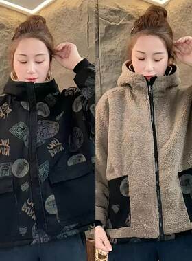 颗粒绒连帽加厚牛仔短外套休闲女