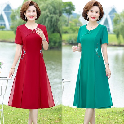短袖绣花雪纺复古连衣裙盘扣过膝