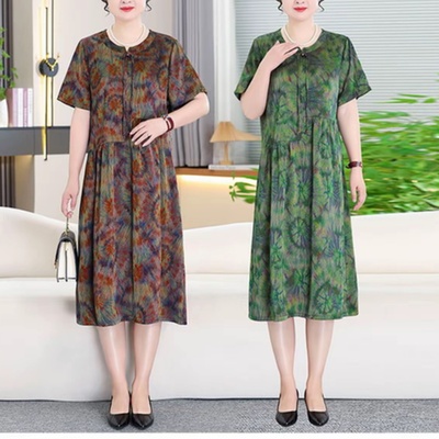 大码妈妈装夏季新款花色连衣裙女