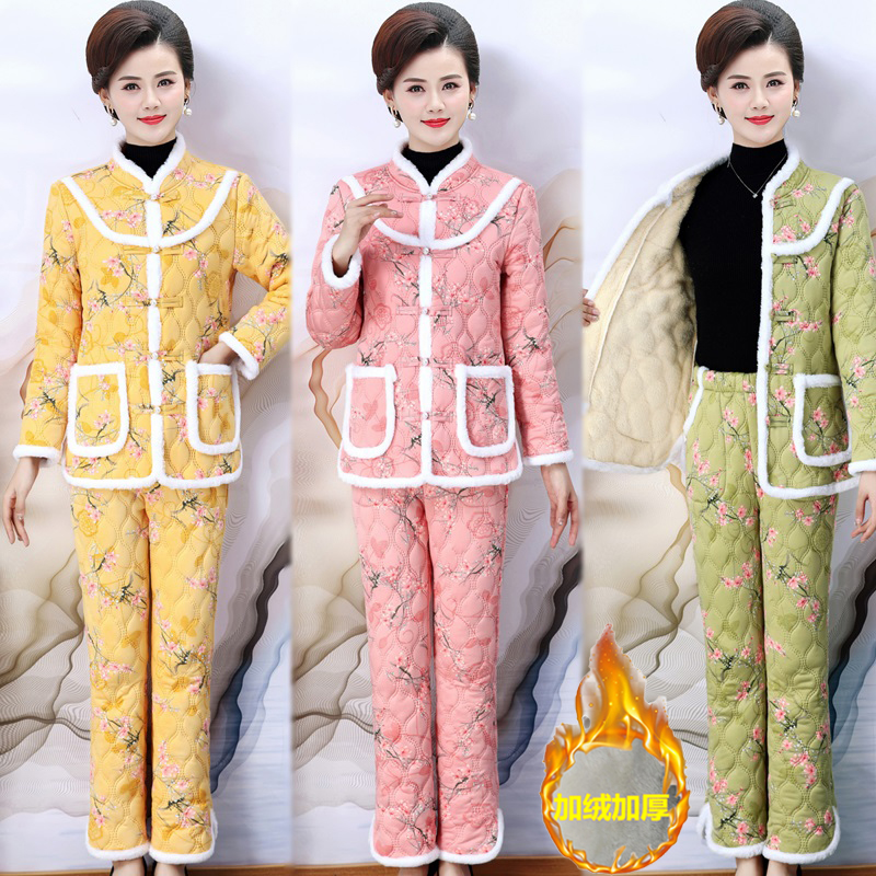 时尚洋气加绒加厚棉衣套装妈妈装宽松大码花色保暖棉服棉裤两件套