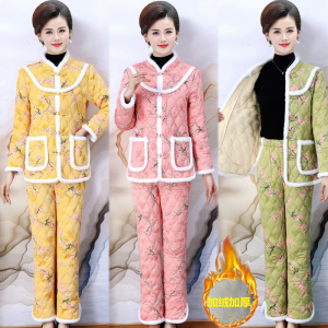 时尚洋气加绒加厚棉衣套装妈妈装宽松大码花色保暖棉服棉裤两件套