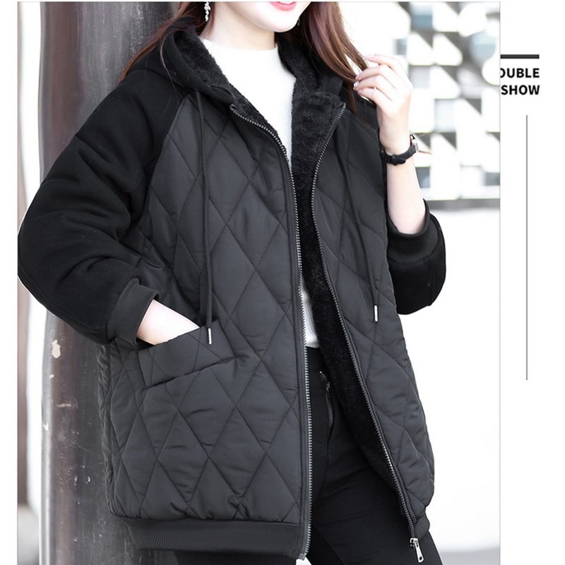 妈妈秋冬加绒加厚棉衣外套中年女装洋气休闲宽松大码连帽棉服上衣