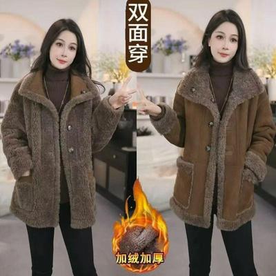 皮毛一体中长款鹿皮绒加厚外套女