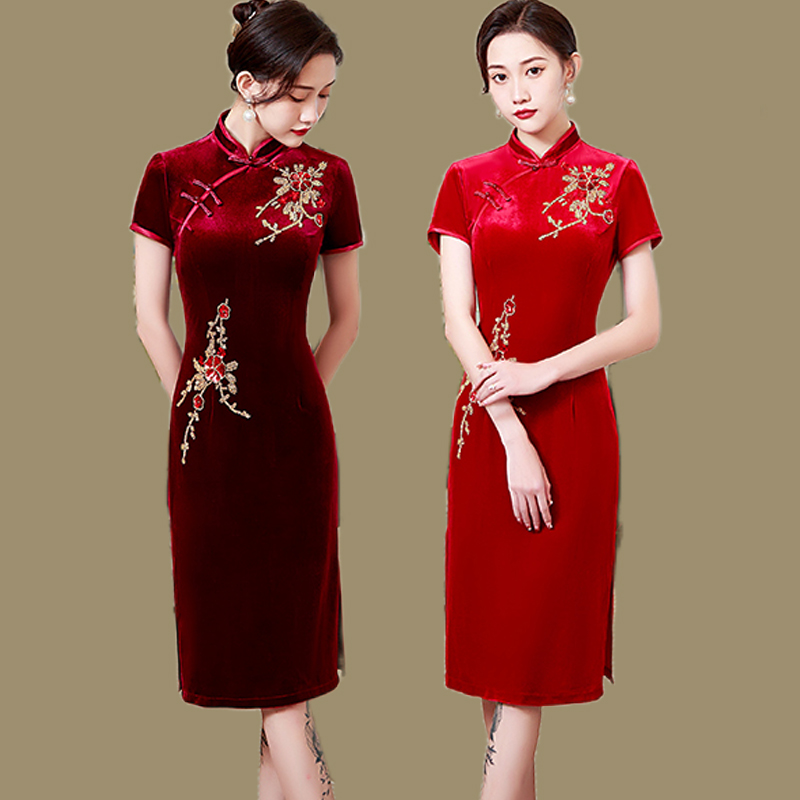 中国风日常连衣裙绣花旗袍婚礼服