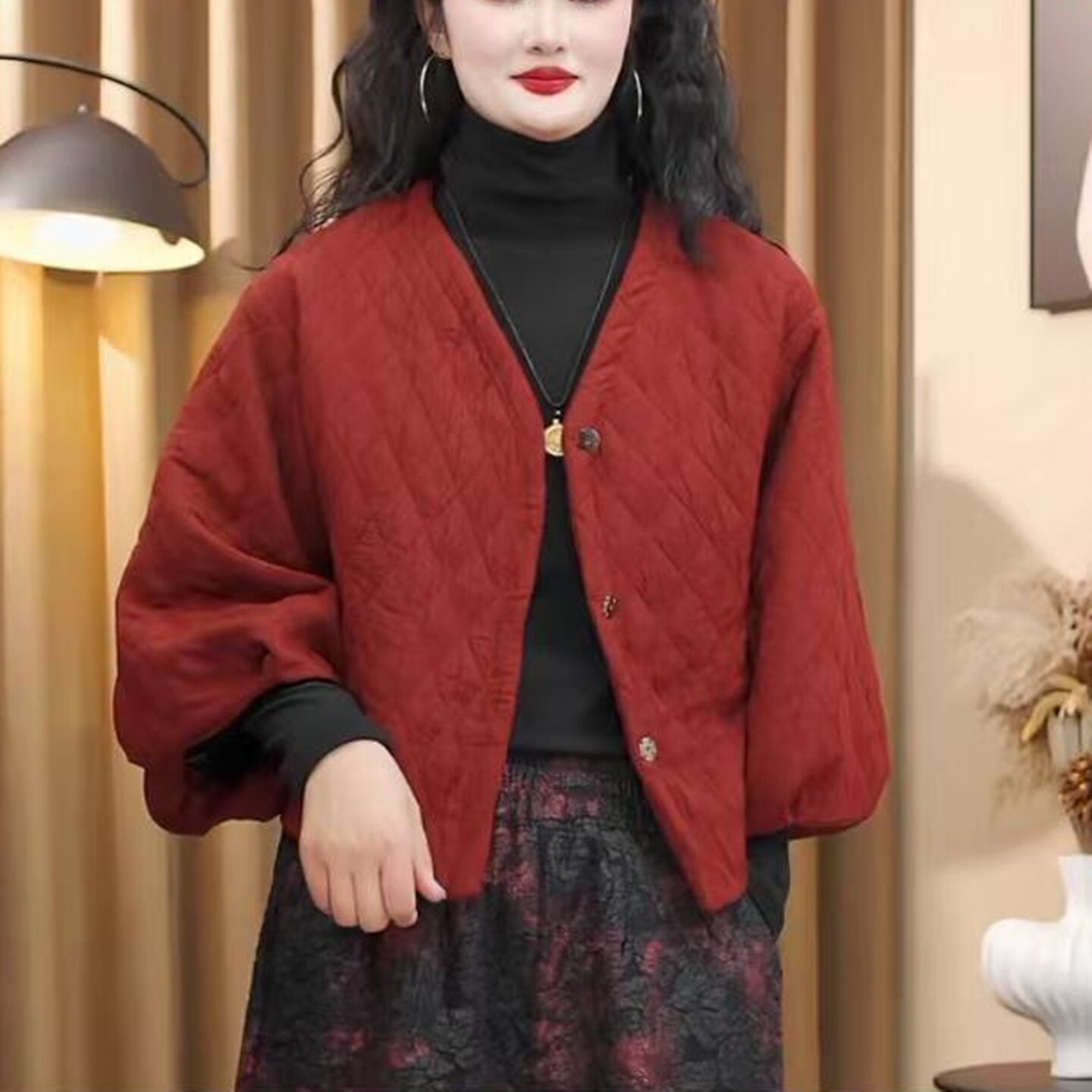 V领菱格短款棉服女秋冬保暖显瘦