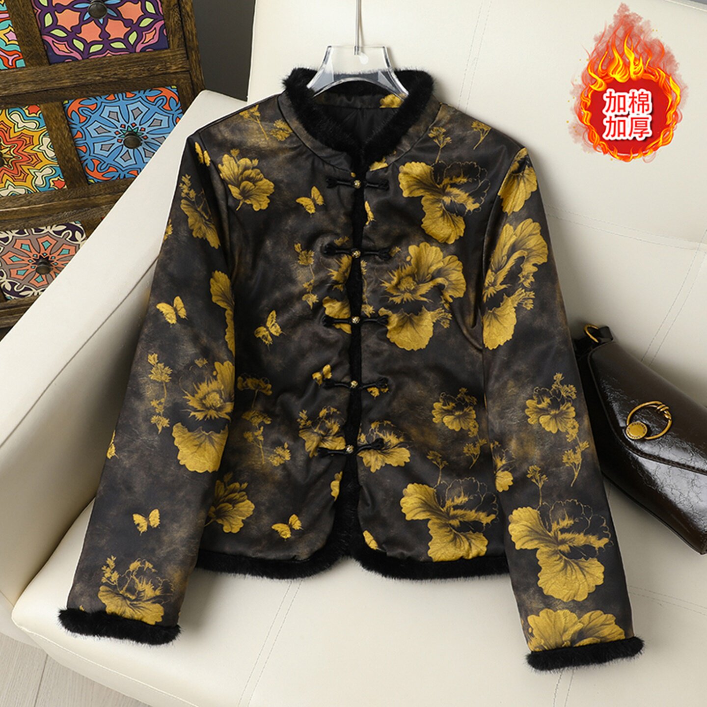 新中式立领盘扣印花唐装棉衣棉服