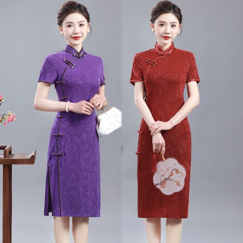 旗袍妈妈装改良中国风宴会复古连衣裙敬酒服夏季新款喜婆婆婚礼服