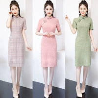 Хлопковое летнее ретро ципао, длинное элегантное платье, короткий рукав, с рукавом