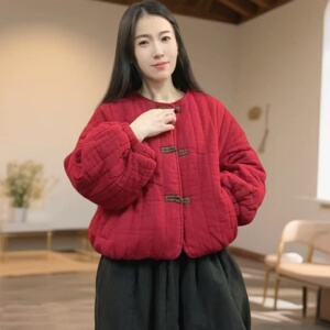 中国风宽松加棉加厚棉服女复古盘扣保暖棉袄时尚花色百搭棉衣外套