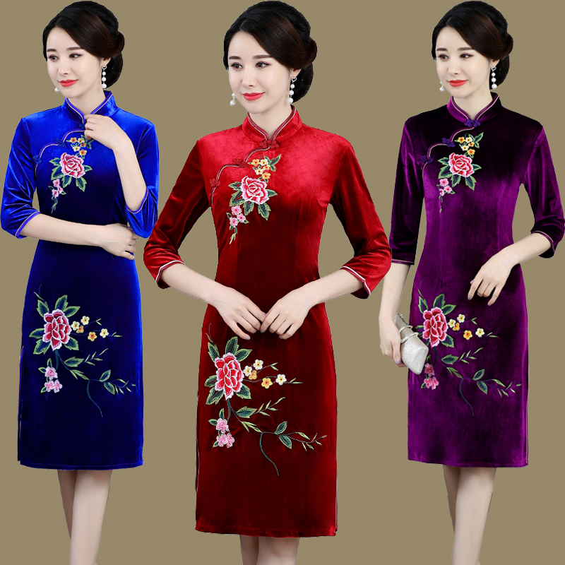 春秋季妈妈装复古风金丝绒旗袍