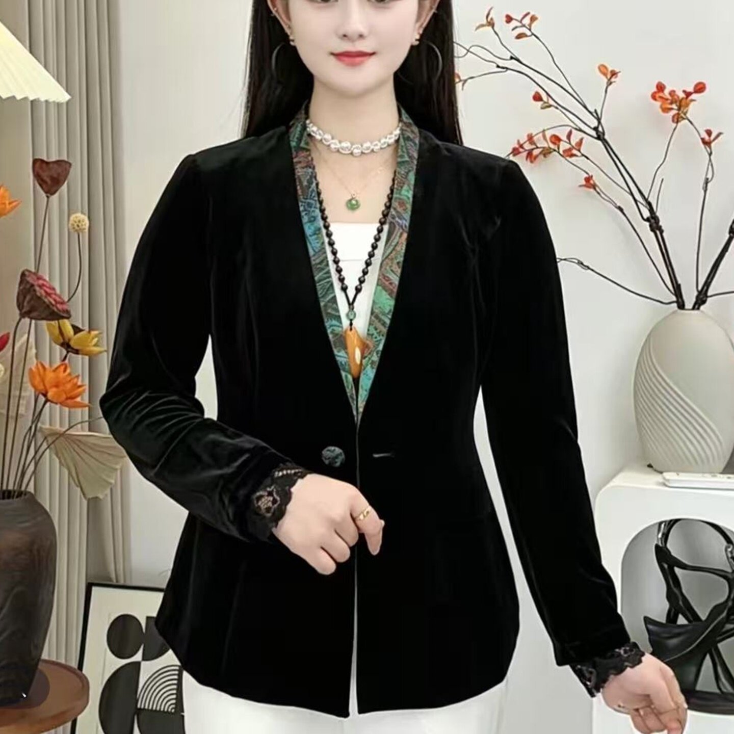 秋季丝绒拼接收腰显瘦西装外套女