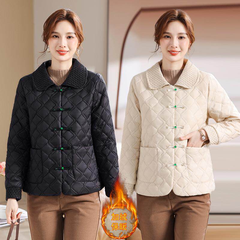 妈妈加绒复古棉衣外套大码新款小香风时尚洋气秋冬季轻薄棉服上衣