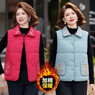 秋冬妈妈装棉麻翻领刺绣加棉加厚马甲女保暖坎肩奶奶背心马夹外套