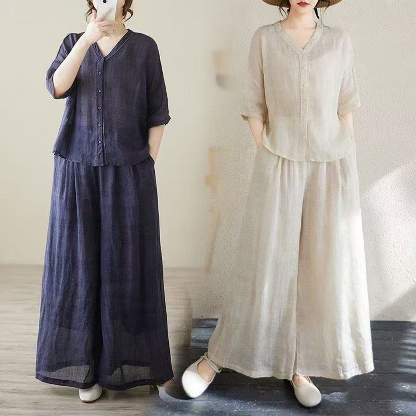 夏季女装时尚亚麻两件套V领短袖衬衫上衣阔腿裤宽松休闲通勤套装