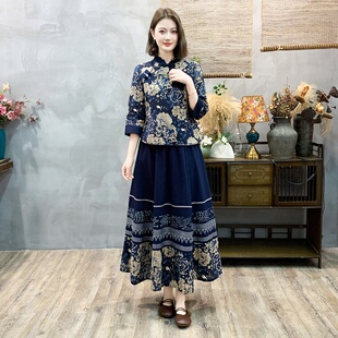 中国风春夏秋复古唐装棉麻茶服民族风大码女装改良旗袍上衣套装裙