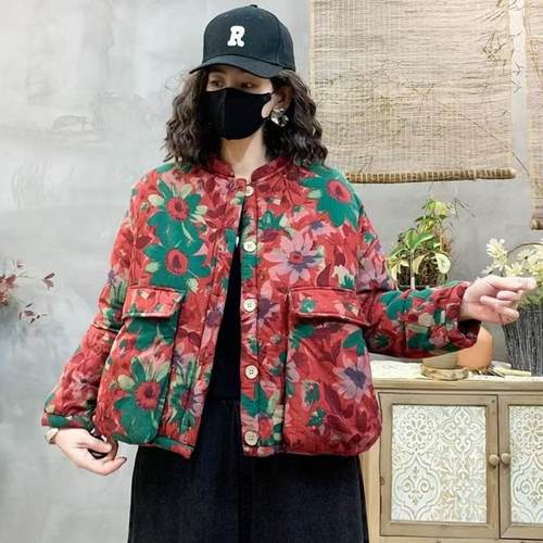 加绒加棉复古休闲宽松大码棉衣女