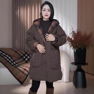 韩版时尚撞色拼接夹棉风衣外套女冬季新款加厚保暖连帽中长款棉服