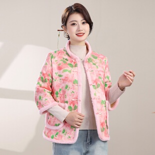 妈妈民族风中袖花棉袄中老年女加绒加厚复古盘扣棉服短款棉衣外套