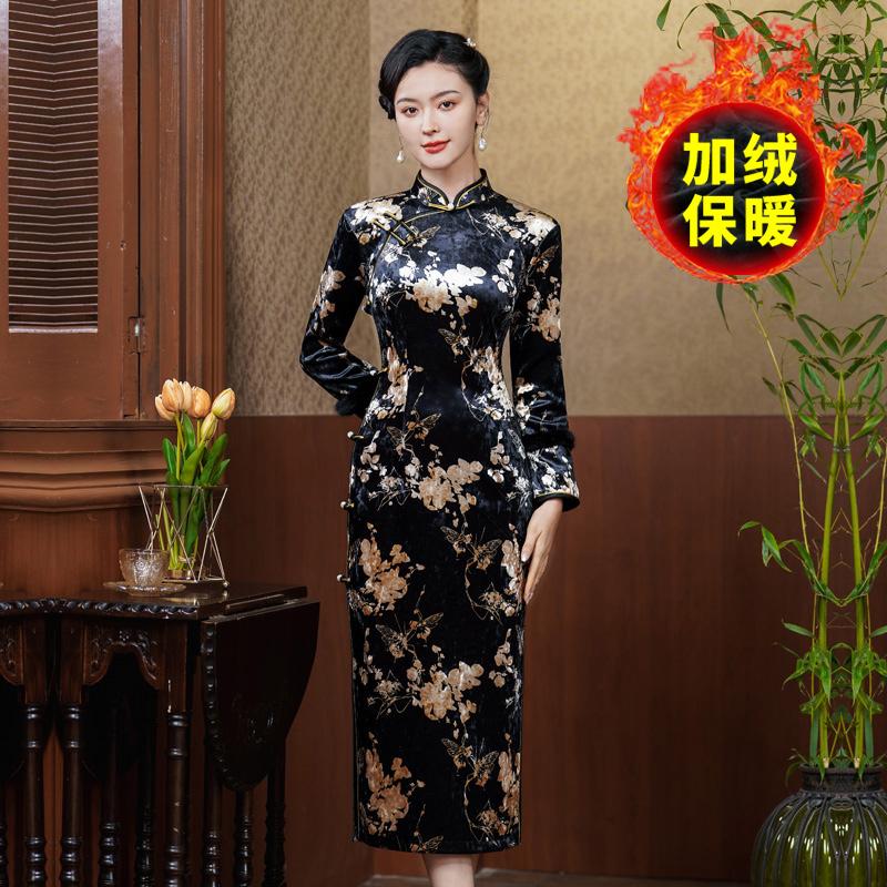黑色丝绒旗袍冬新款中国风连衣裙
