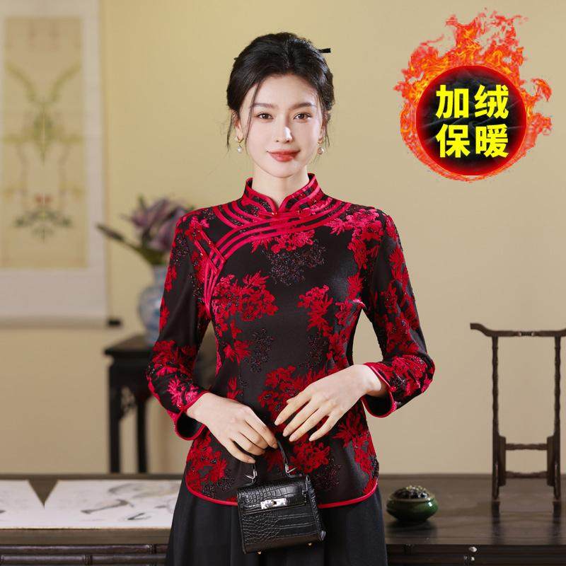中年女秋冬装加绒打底衫旗袍上衣