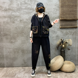 秋季新款复古牛仔连帽套装女士宽松休闲时尚减龄外套哈伦裤两件套