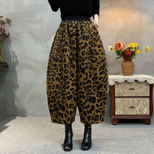 2025新款秋冬设计感豹纹花苞裤女高腰垂感显瘦宽松裤子休闲阔腿裤