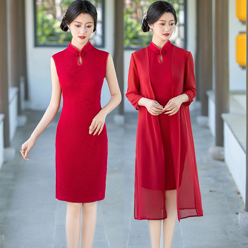 妈妈装夏季洋气旗袍披肩两件套新款遮肚子显瘦复古连衣裙中国风女