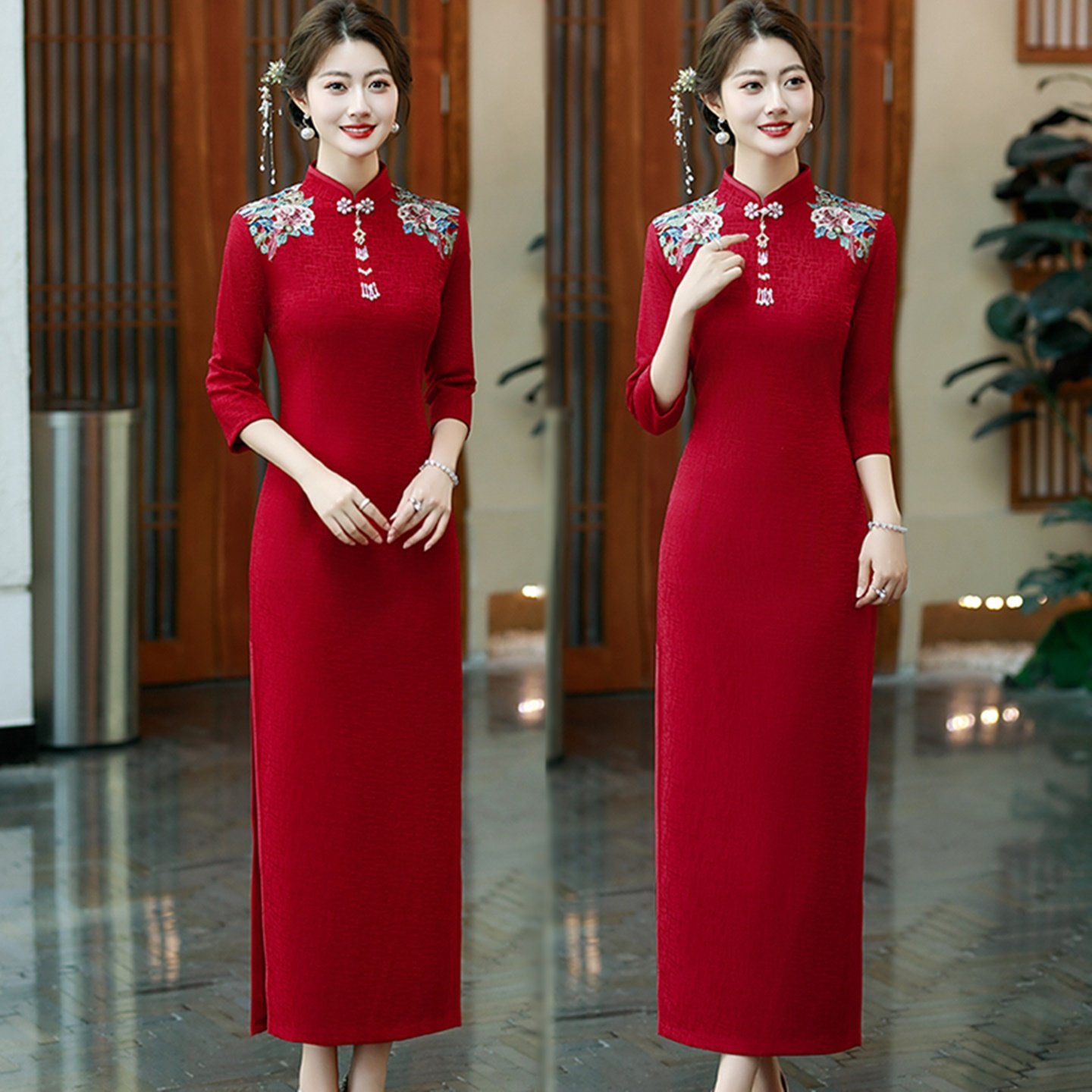 秋冬新款复古中国风改良旗袍裙喜婆婆妈妈结婚礼服中式日常连衣裙